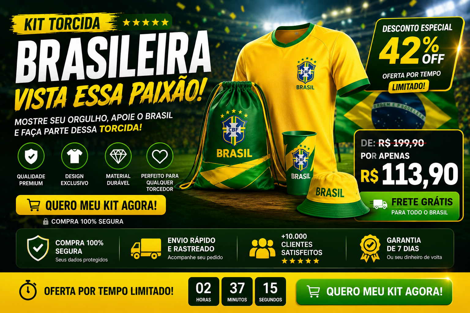 Kit Torcedor Brasileiro – camiseta, bolsa, copo e chapéu
